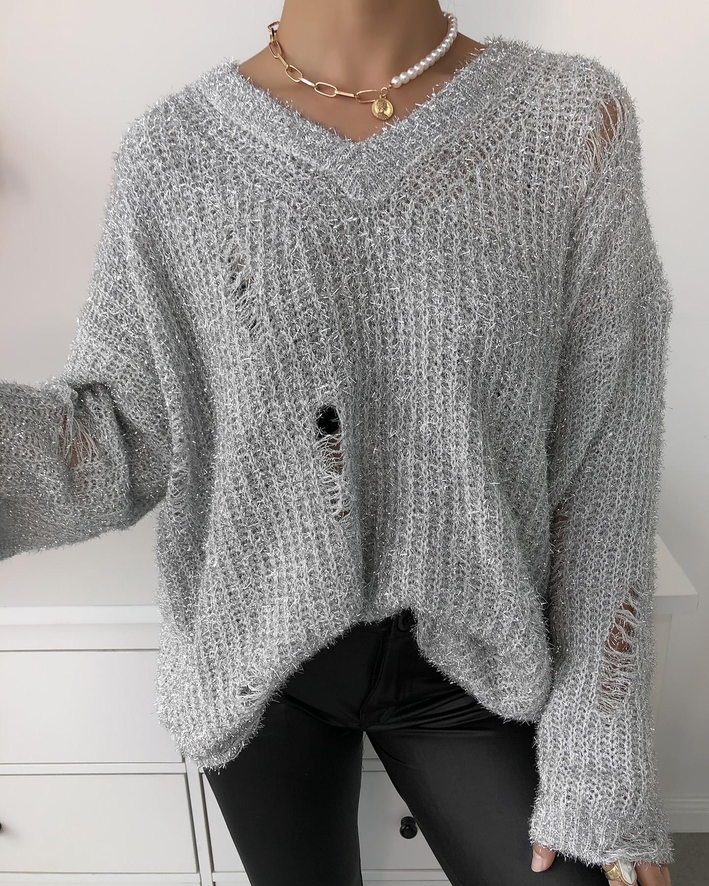 

Plain Hollow-out Long Sleeve Sweater, Silver