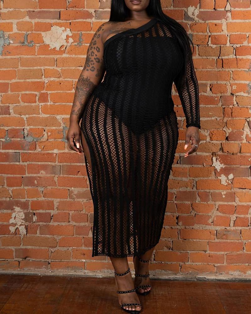 

Plus Size One Shoulder Fishnet Mesh High Slit Cover Up Dress, Black