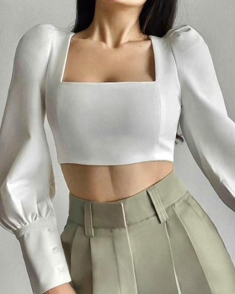 

Puff Sleeve Square Neck Backless Crop Top, White