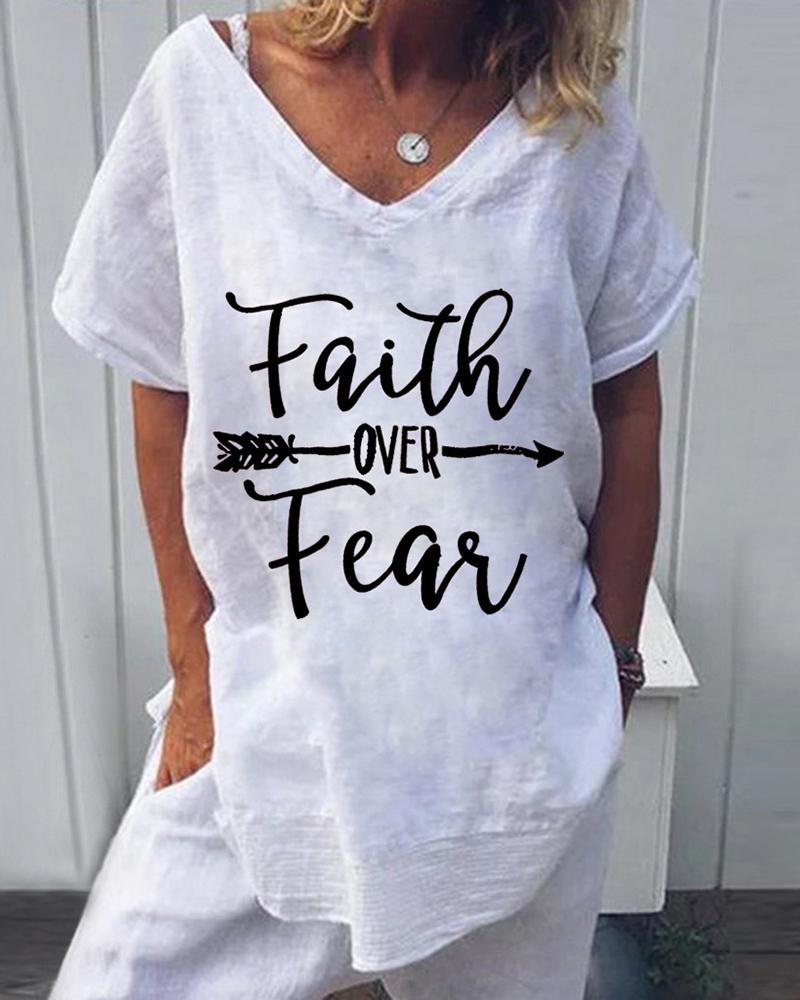 

Letter Print V-neck Casual T-shirt, White