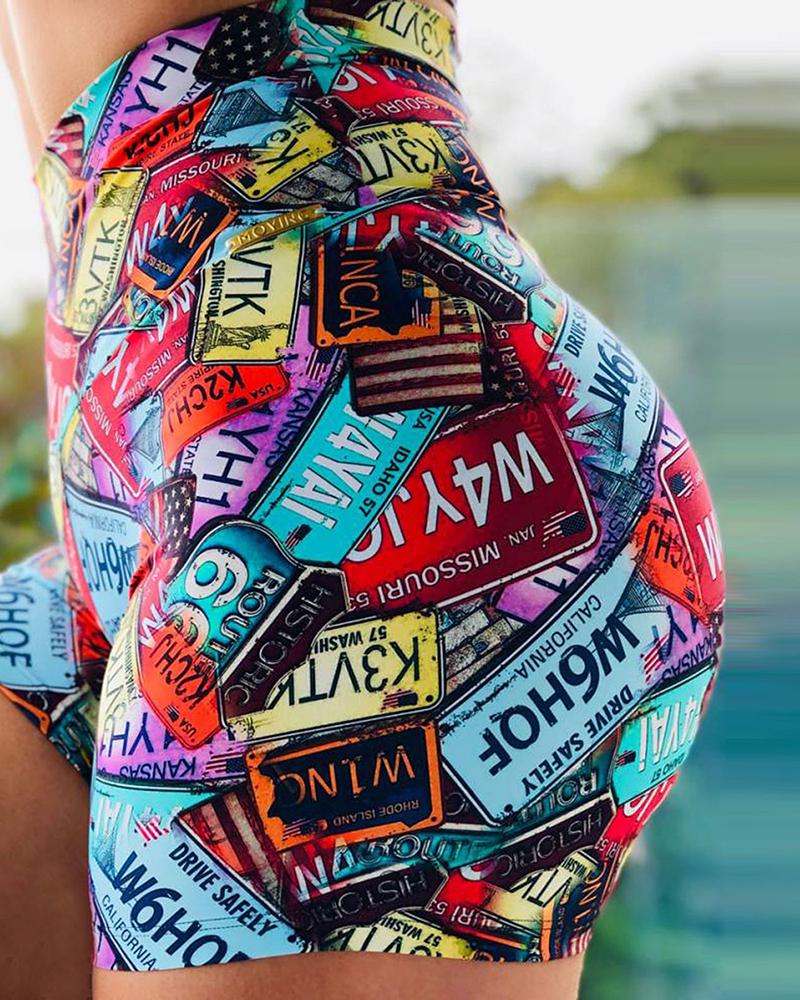 

High-Rise Graffiti Print Exercise Yoga Shorts, Multicolor