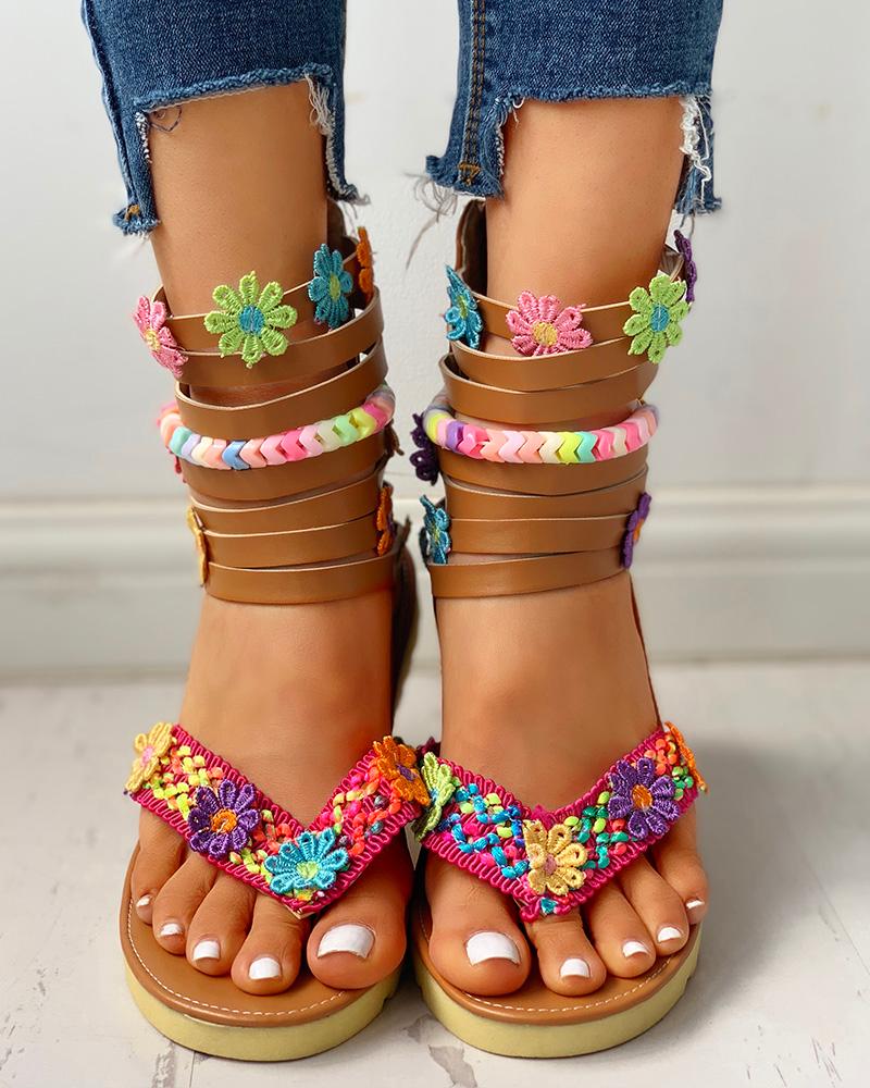 

Flower Detail Multi-Strap Toe Post Sandals, Brown