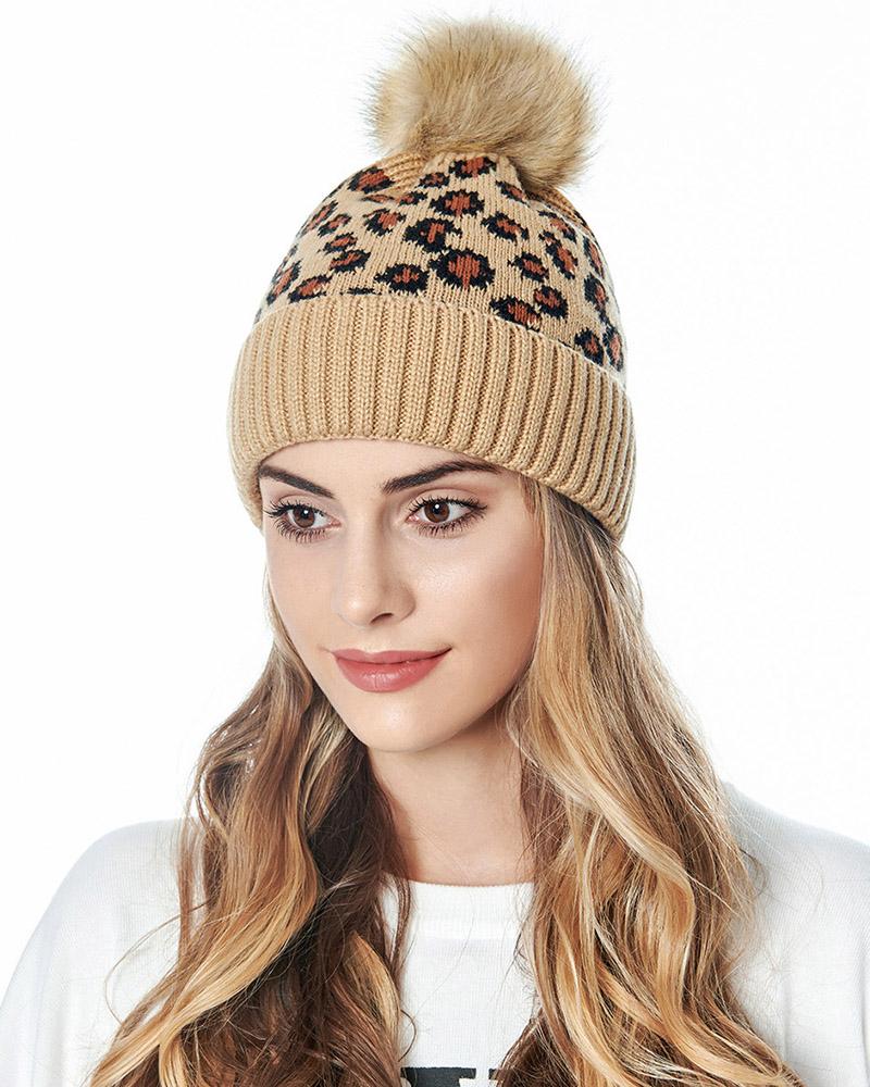 

Cheetah Print Pom Pom Decor Beanie, Khaki