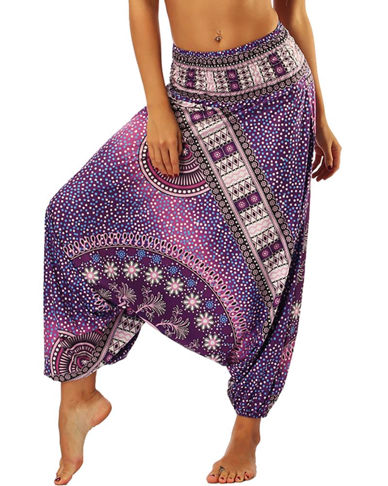 

Print Wide Leg Culotte Design Yoga Pants, Purple