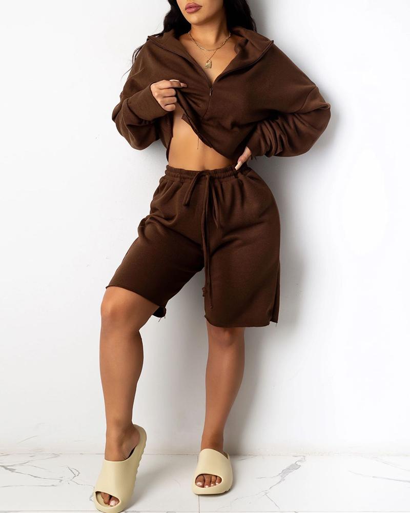 

Zipper Design Long Sleeve Crop Top & Drawstring Shorts Set, Brown