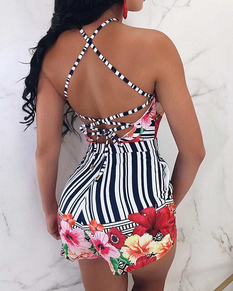 tie up back floral romper dress