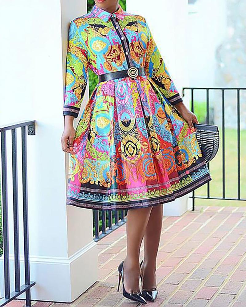 

Button Design Long Sleeve Print Dress, Green