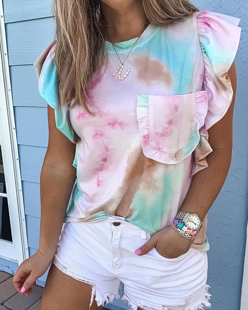 

Tie Dye Print Ruffles Pocket Design Women Top, Pink