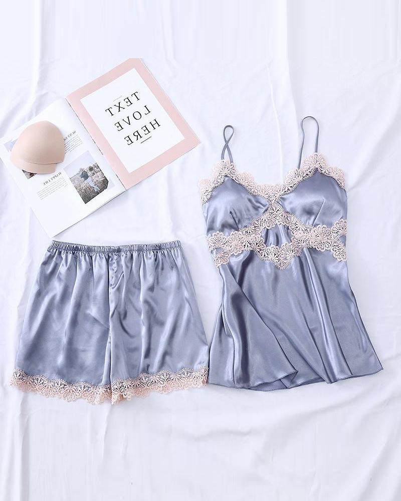 

Solid Lace Trim Cami Set, Gray