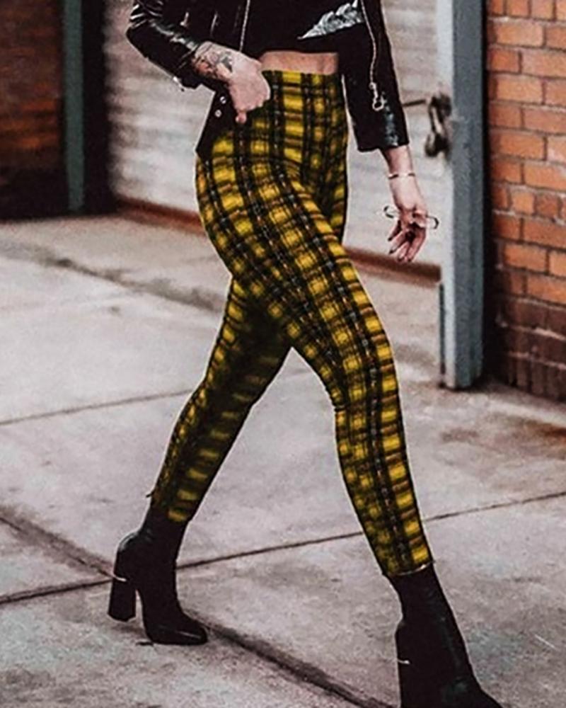

High Waist Plaid Print Skinny Pants, Green
