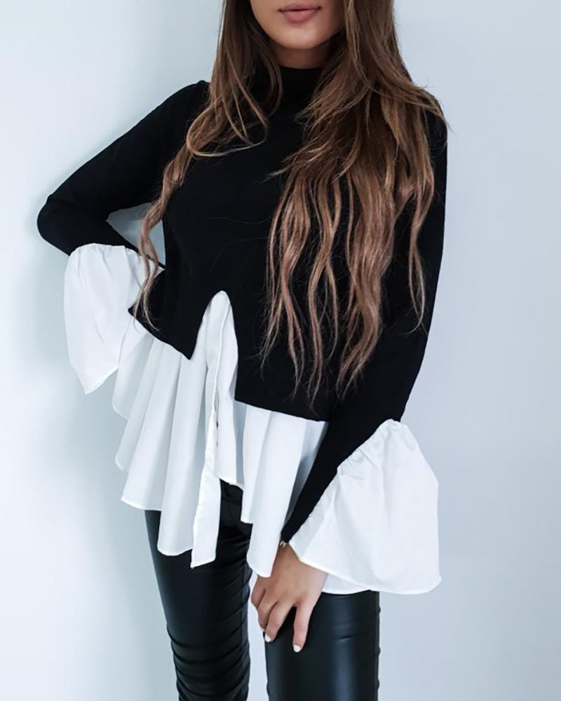 

Colorblock Insert Ruffles Long Sleeve Women Blouse, Black
