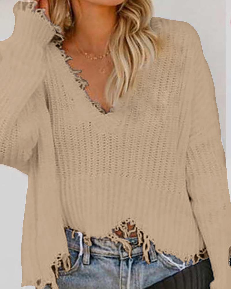 

Solid Fringe Hem Long Sleeve Knit Sweater, Khaki