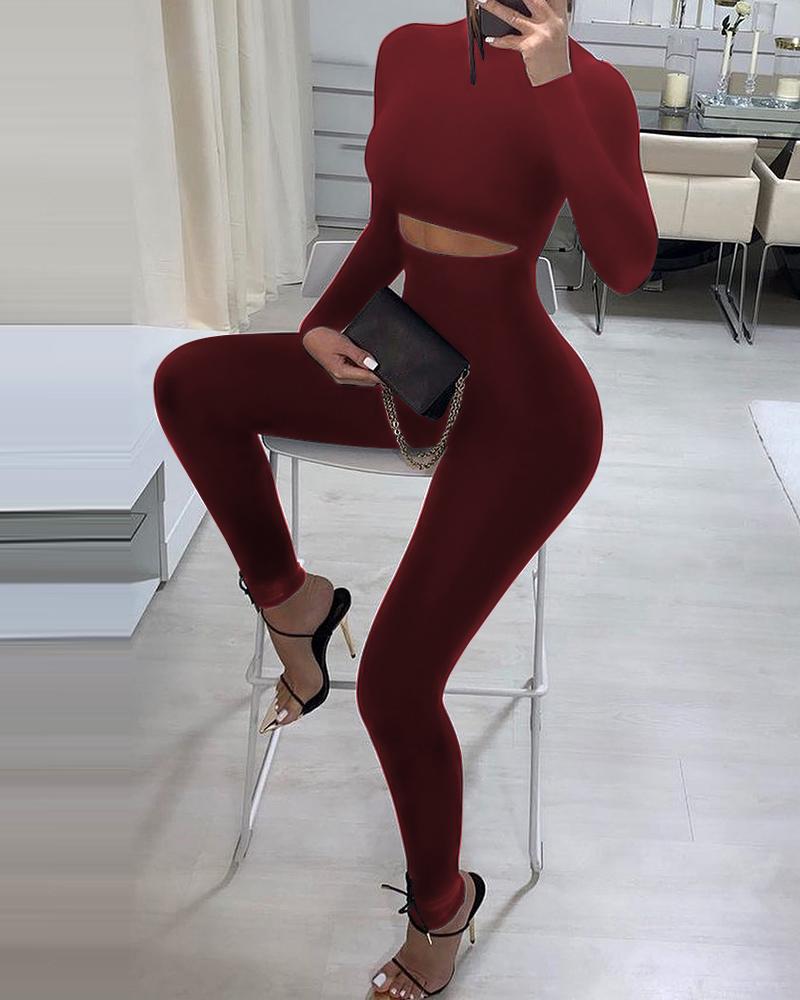 

Long Sleeve Cutout Skinny Jumpsuit, Wine red
