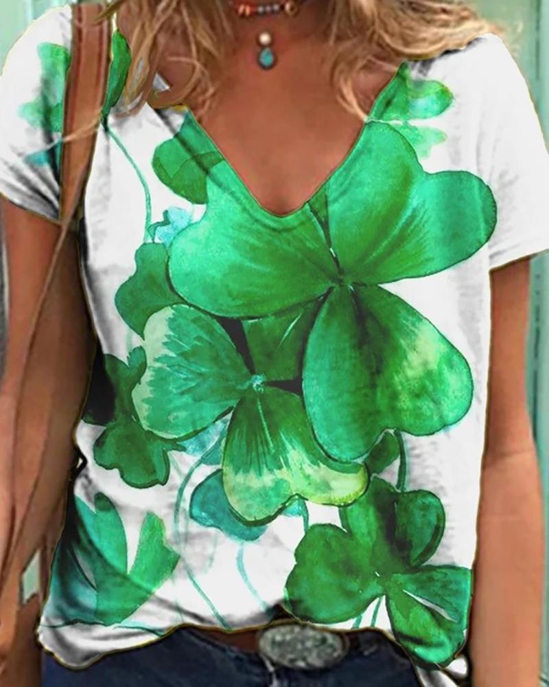 

Clover Pattern Print Short Sleeve Casual T-shirt, Style3