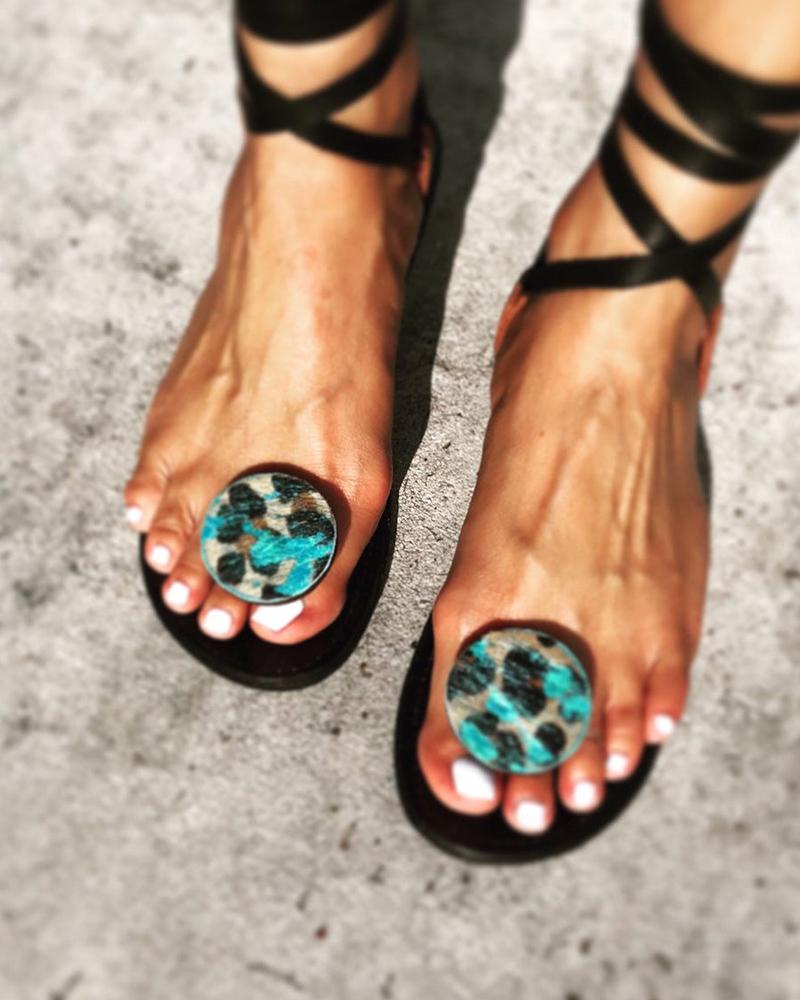 

Animal Print Circle Embellished Sandals, Black