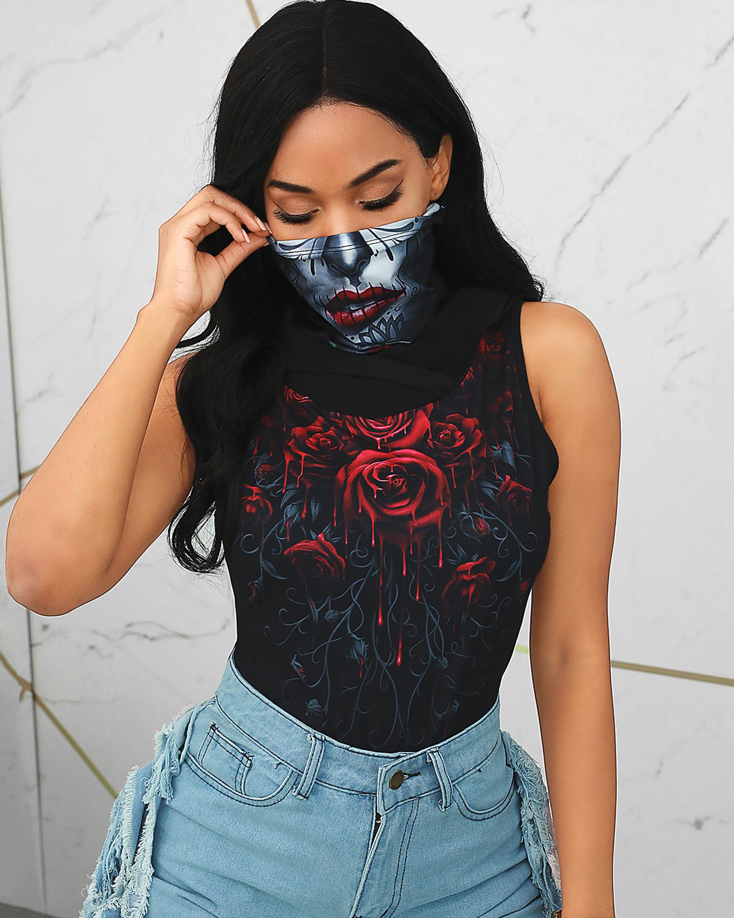 

Ghost Print Hooded Tank Top With Ear Loop Face Bandana, Black