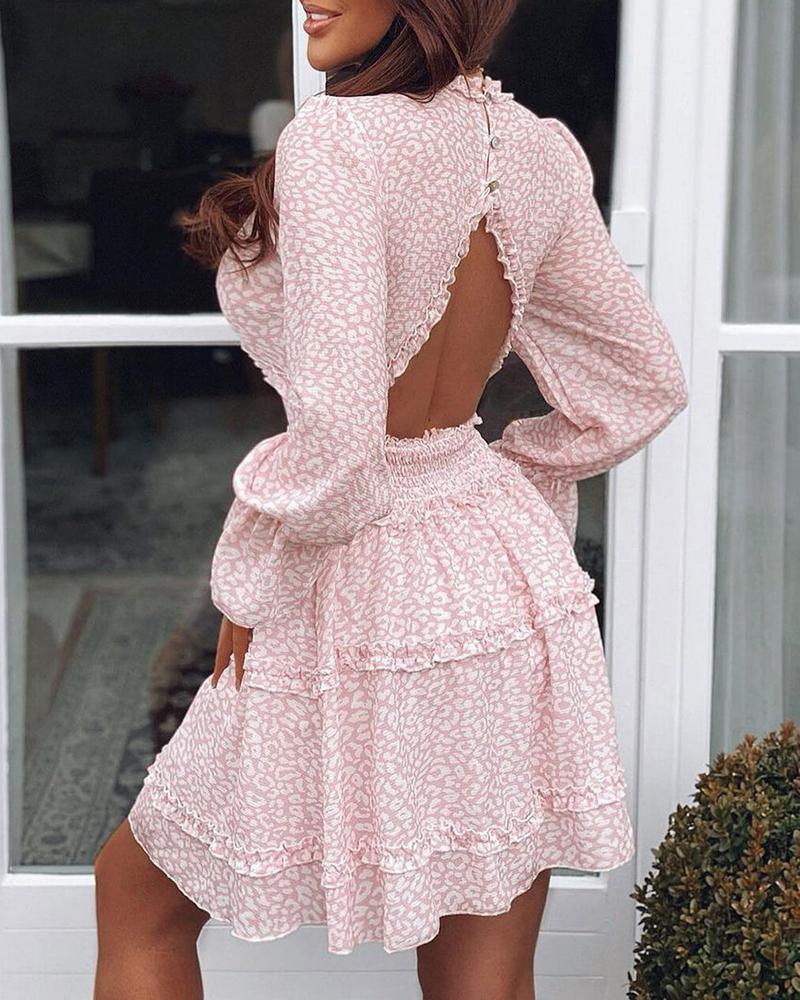 

All Over Animal Print Long Sleeve Backless Frill Hem Dress, Pink