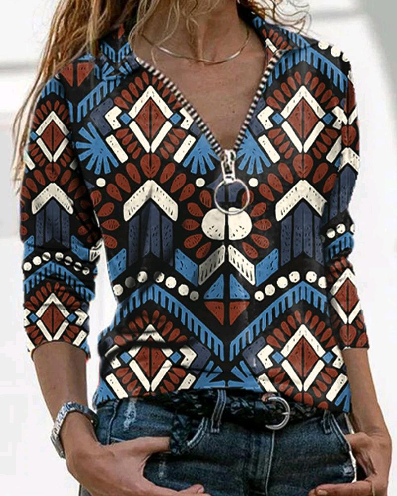 

Geometric Print Zipper Front Long Sleeve Top, Blue