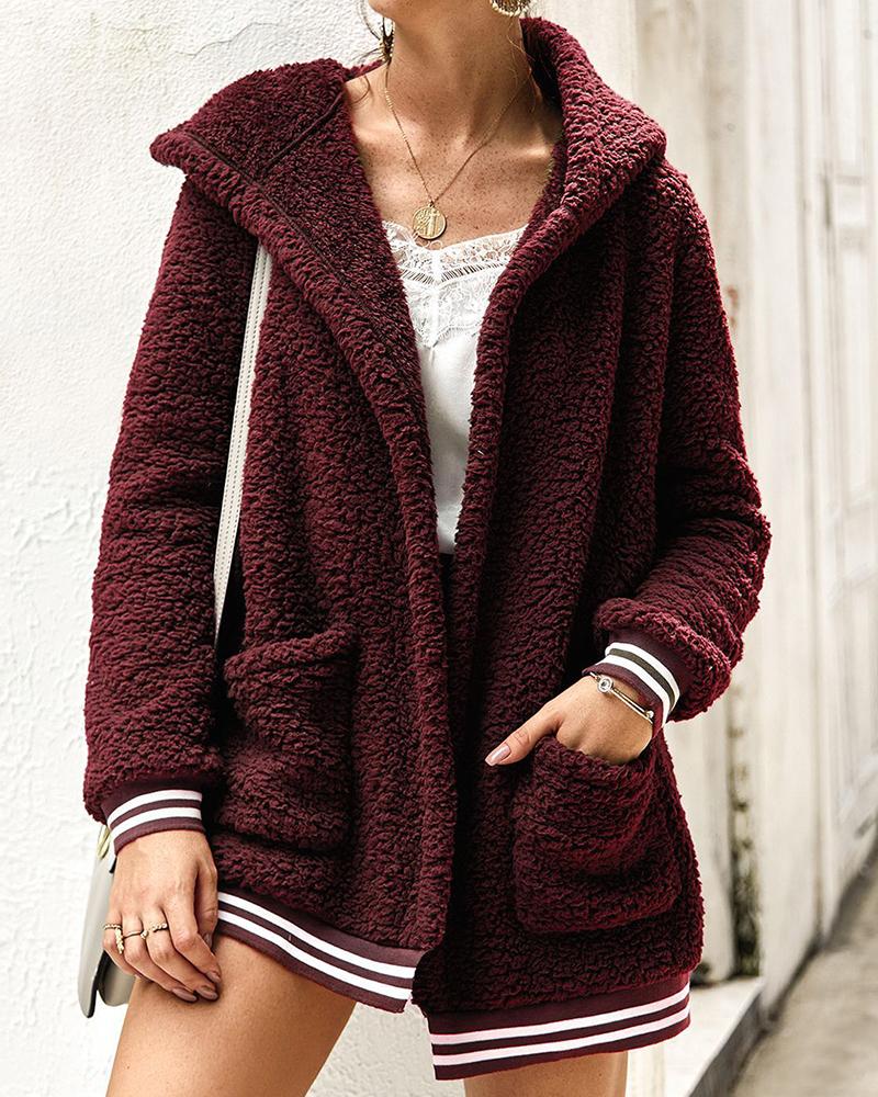 

Striped Colorblock Teddy Hooded Coat, Red