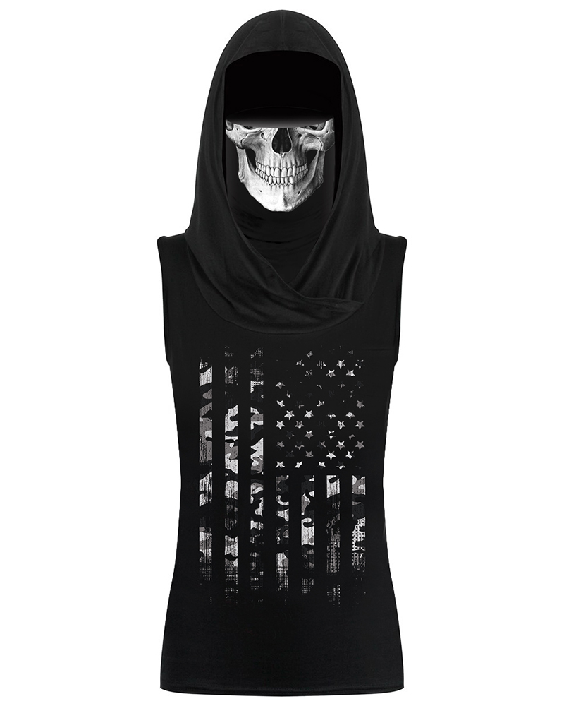 

Skull&Flag Print Hooded Tank Top With Ear Loop Face Bandana, Black