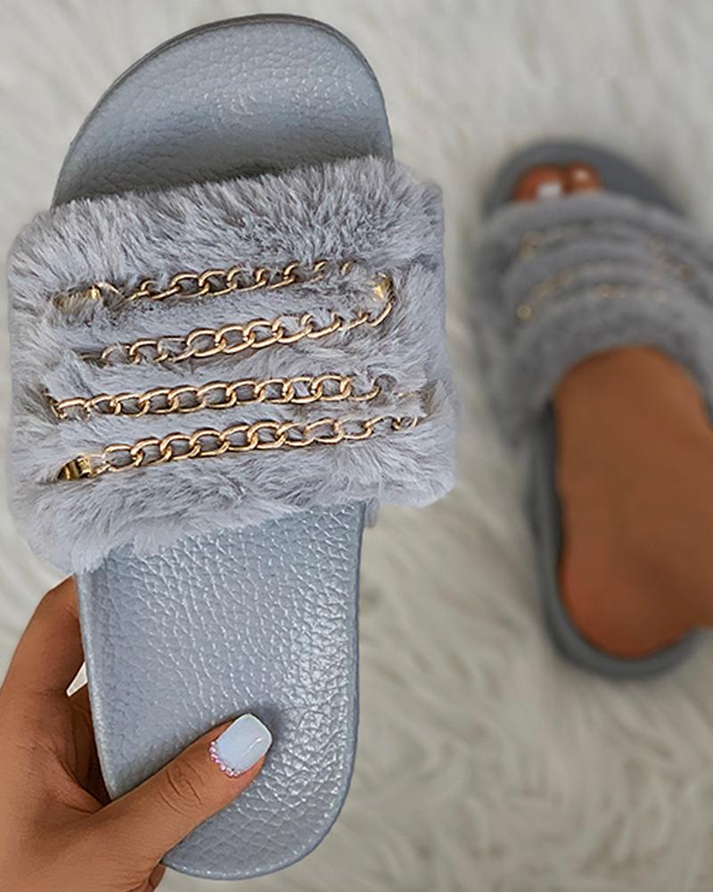 

Chain Strap Fluffy Slippers, Gray