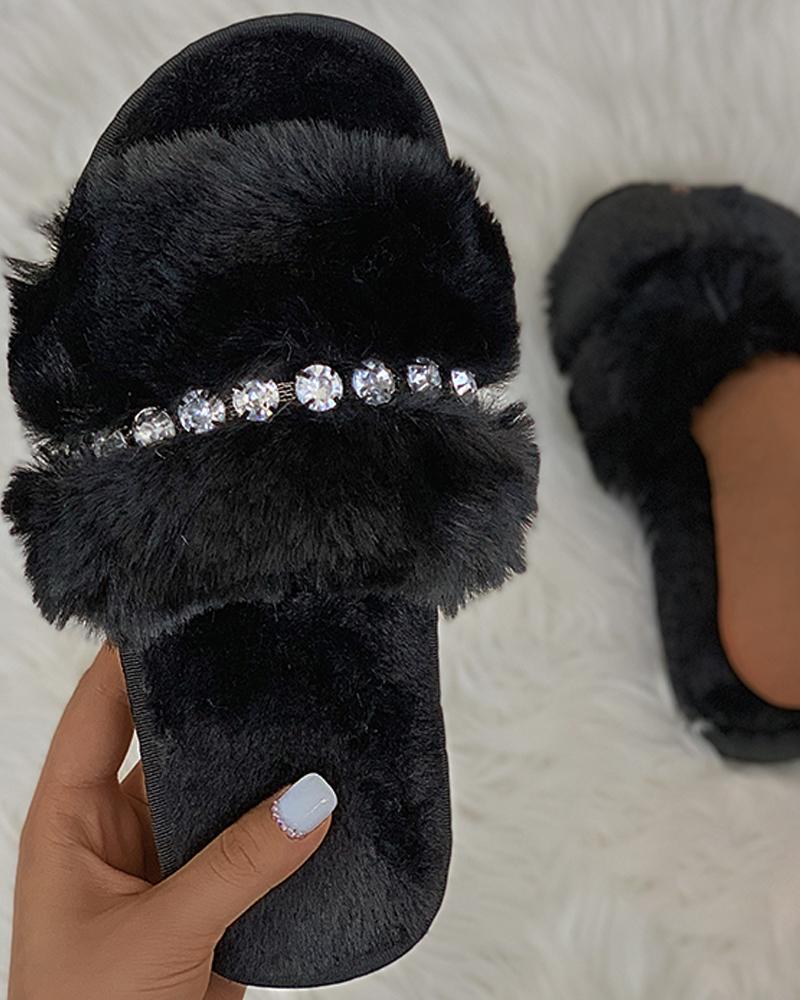 

Rhinestone Fluffy Peep Toe Slippers, Black