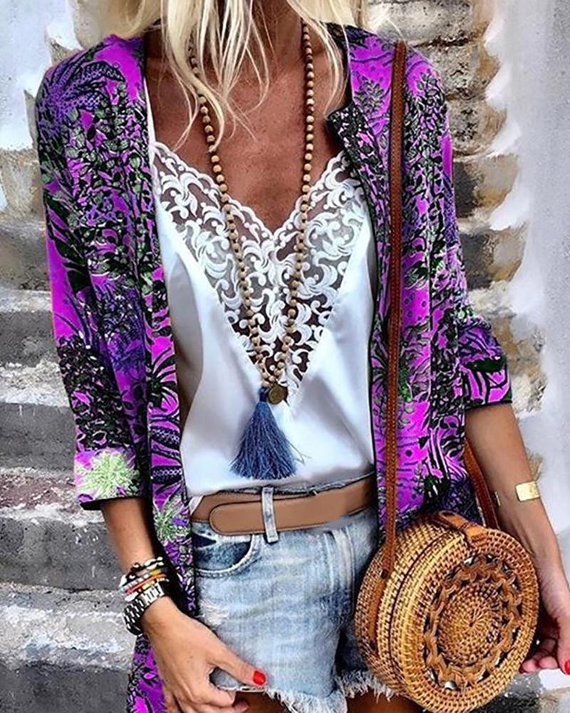 

Botanial Print Long Sleeve Coat, Purple