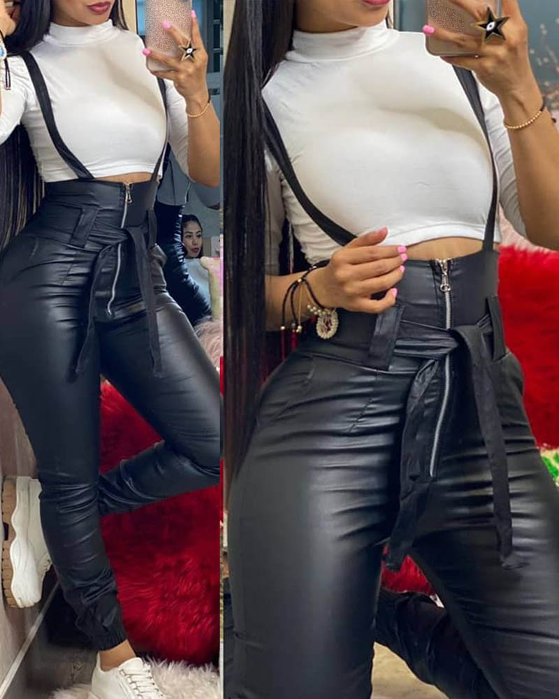 

High Waist Zipper Design Suspender Pants, Black