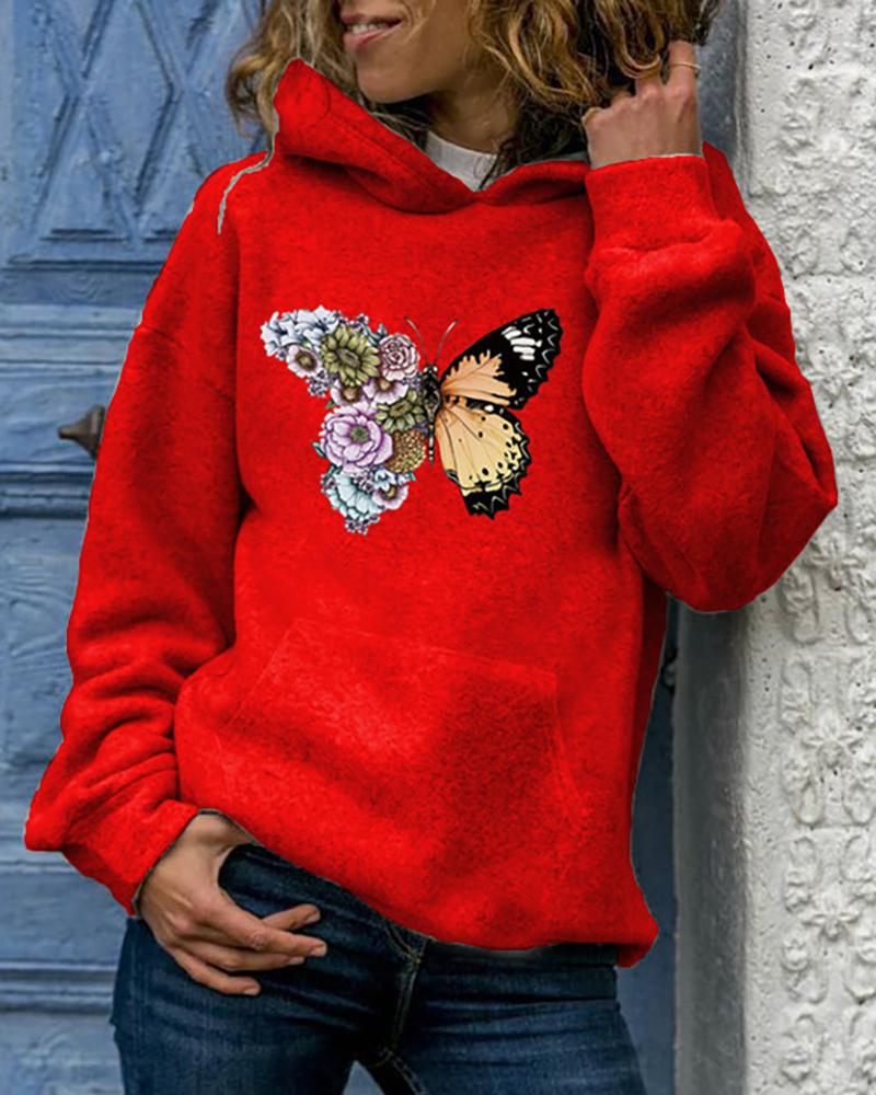 

Butterfly Print Pocket Design Hooded Top, Red