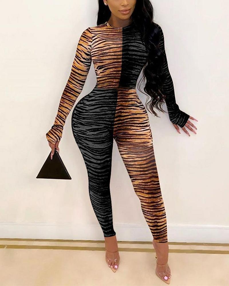 

Color Block Striped Long Sleeve Skinny Jumpsuit, Black
