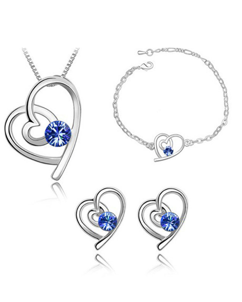 

4PCS Heart Shaped Rhinestone Pendant Necklace & Earrings & Bracelet Set, Dark blue