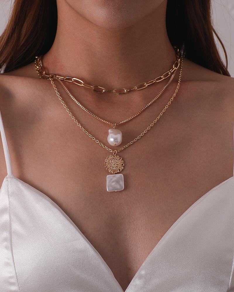 

Beaded Chain Floral Pattern Layered Pendant Necklace, Gold
