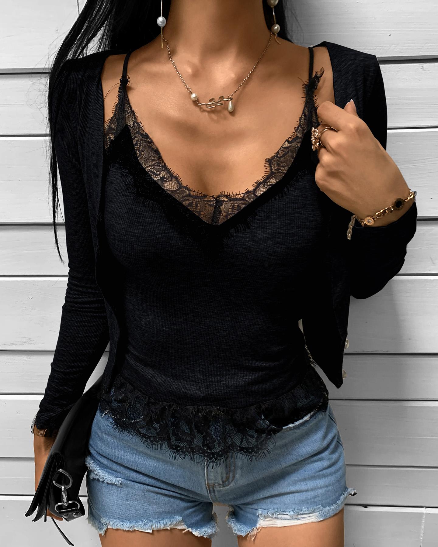 

Eyelash Lace Top & Long Sleeve Cardigan Set, Black