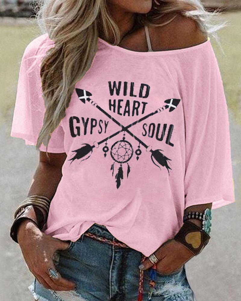 

Letter Print Short Sleeve Casual T-shirt, Pink