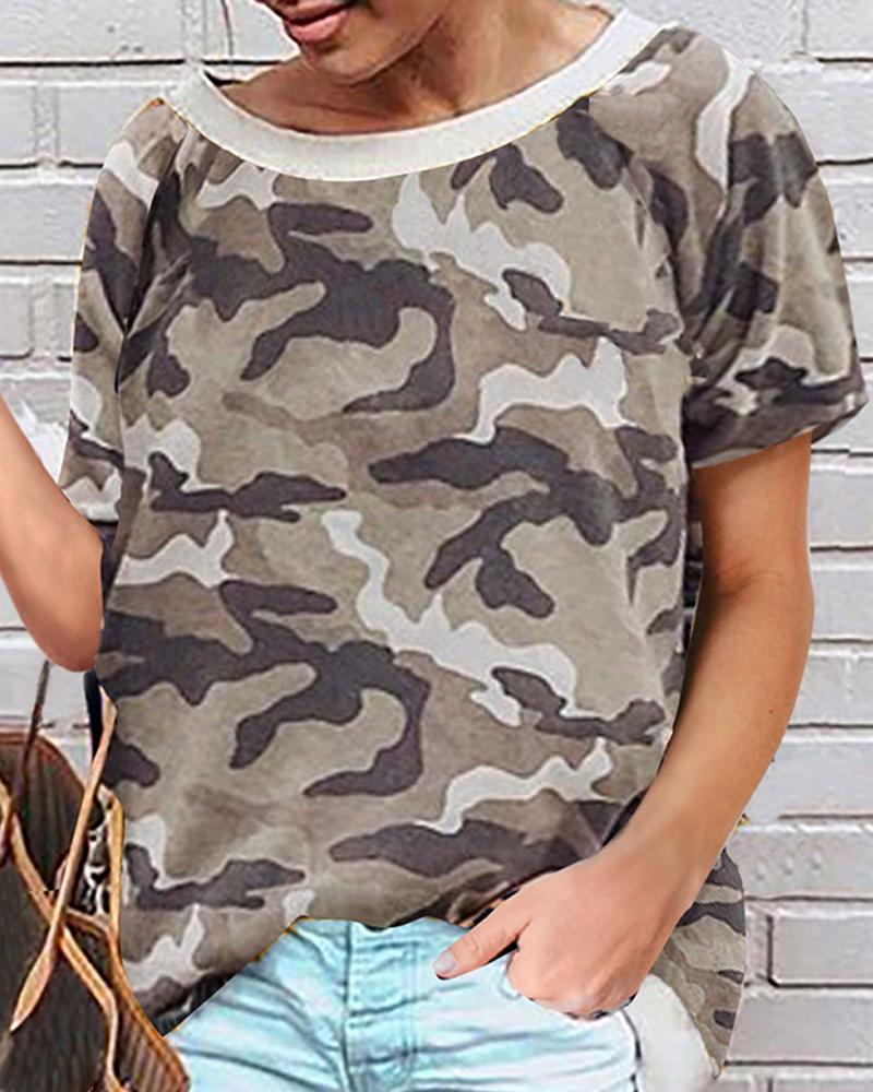 

Round-neck Print Short Sleeve T-shirt, Army green