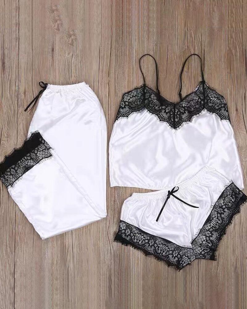 

3PCS Colorblock Lace Trim Satin Sleepwear Set, White