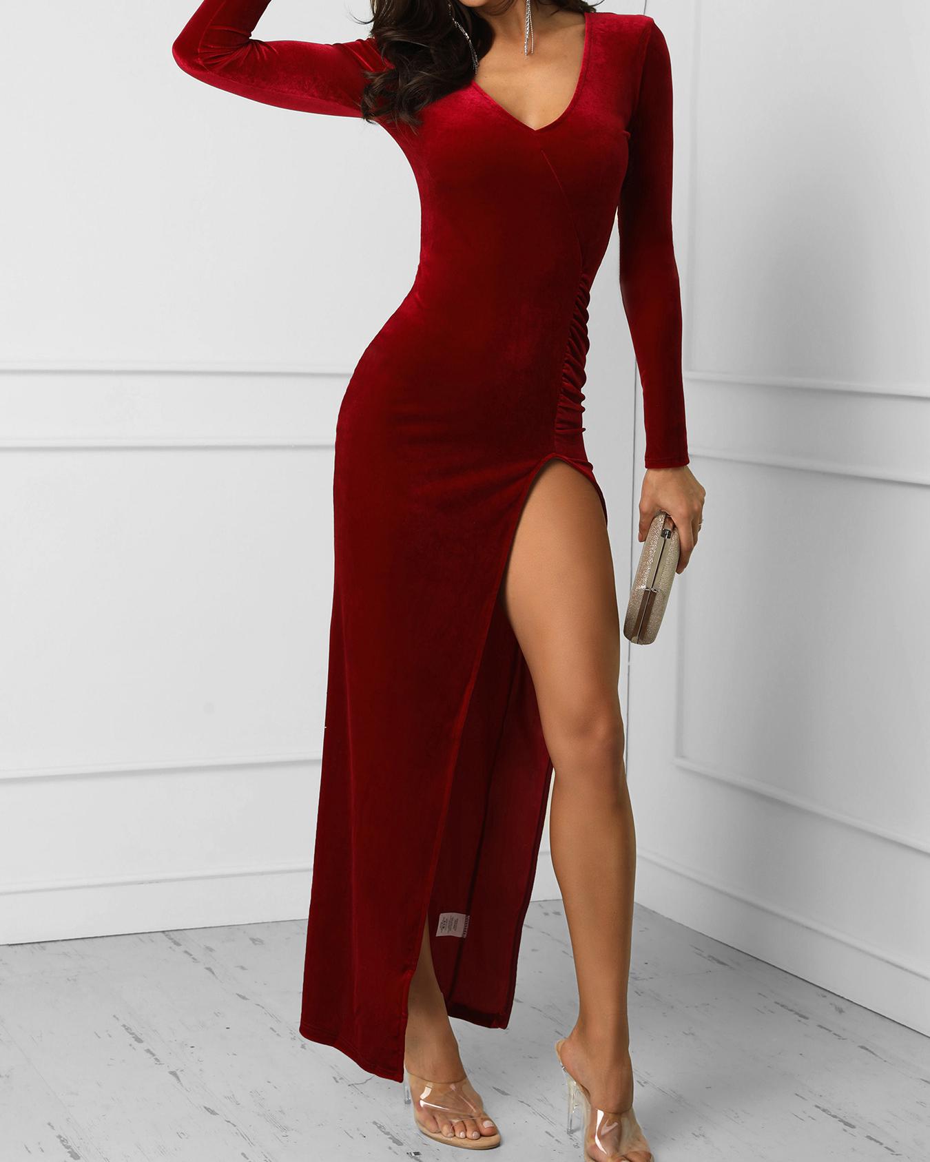 red velvet slit dress