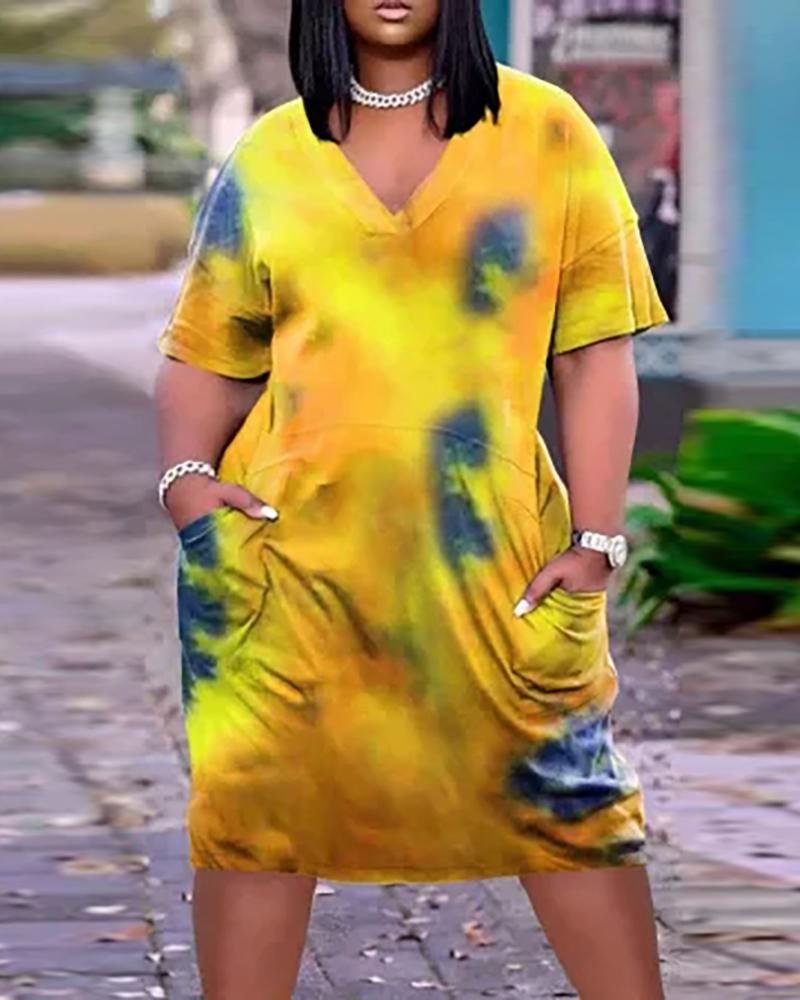 

Tie Dye Print Pocket Design V-Neck Dress, Yellow