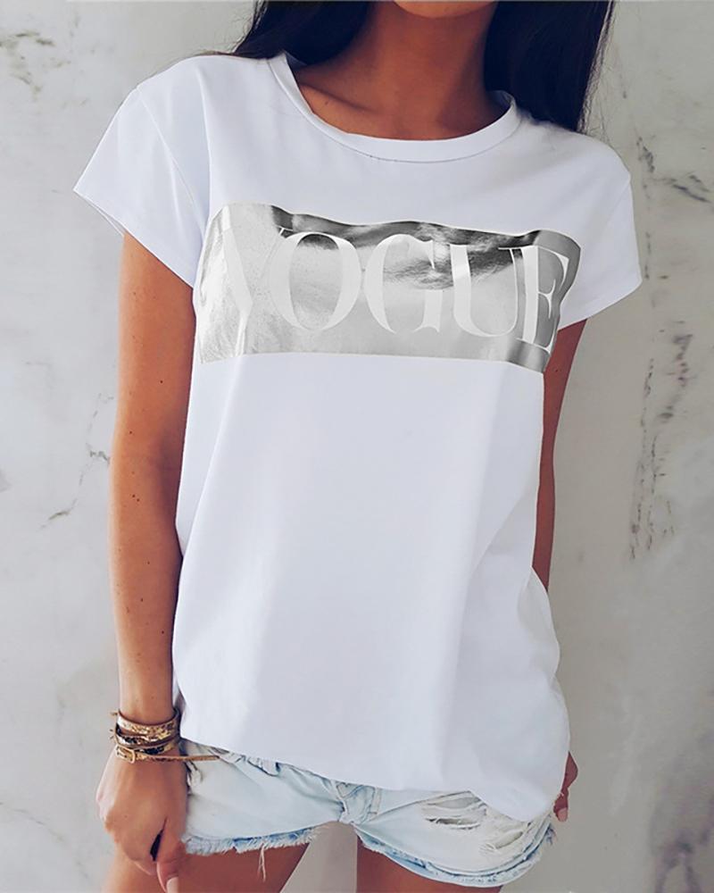 

Letter Pattern Short Sleeve O-neck Tee, Silver