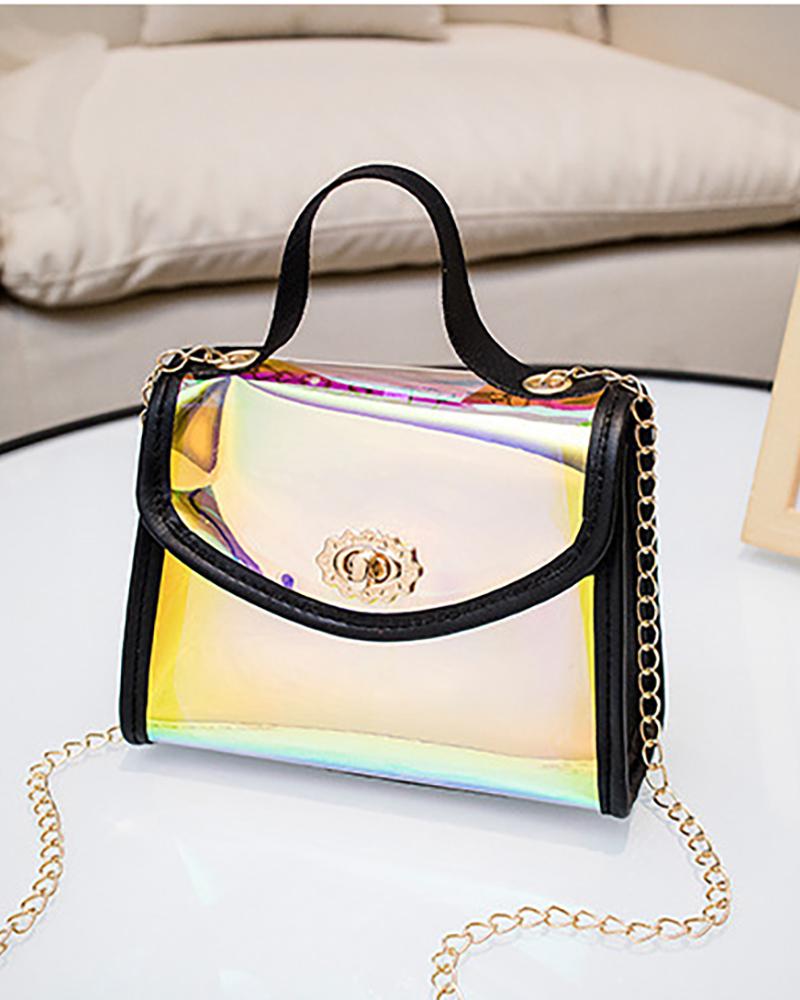 

Laser Colorblock Chain Satchel Bag, Black