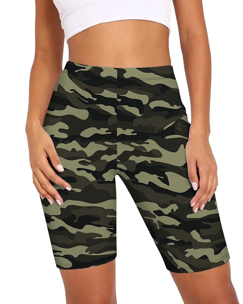 

Camouflage Print High Wiast Biker Shorts, Army green
