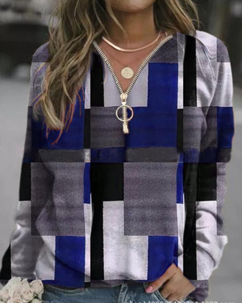 

Colorblock Long Sleeve Loose Zip-up Blouse, Blue