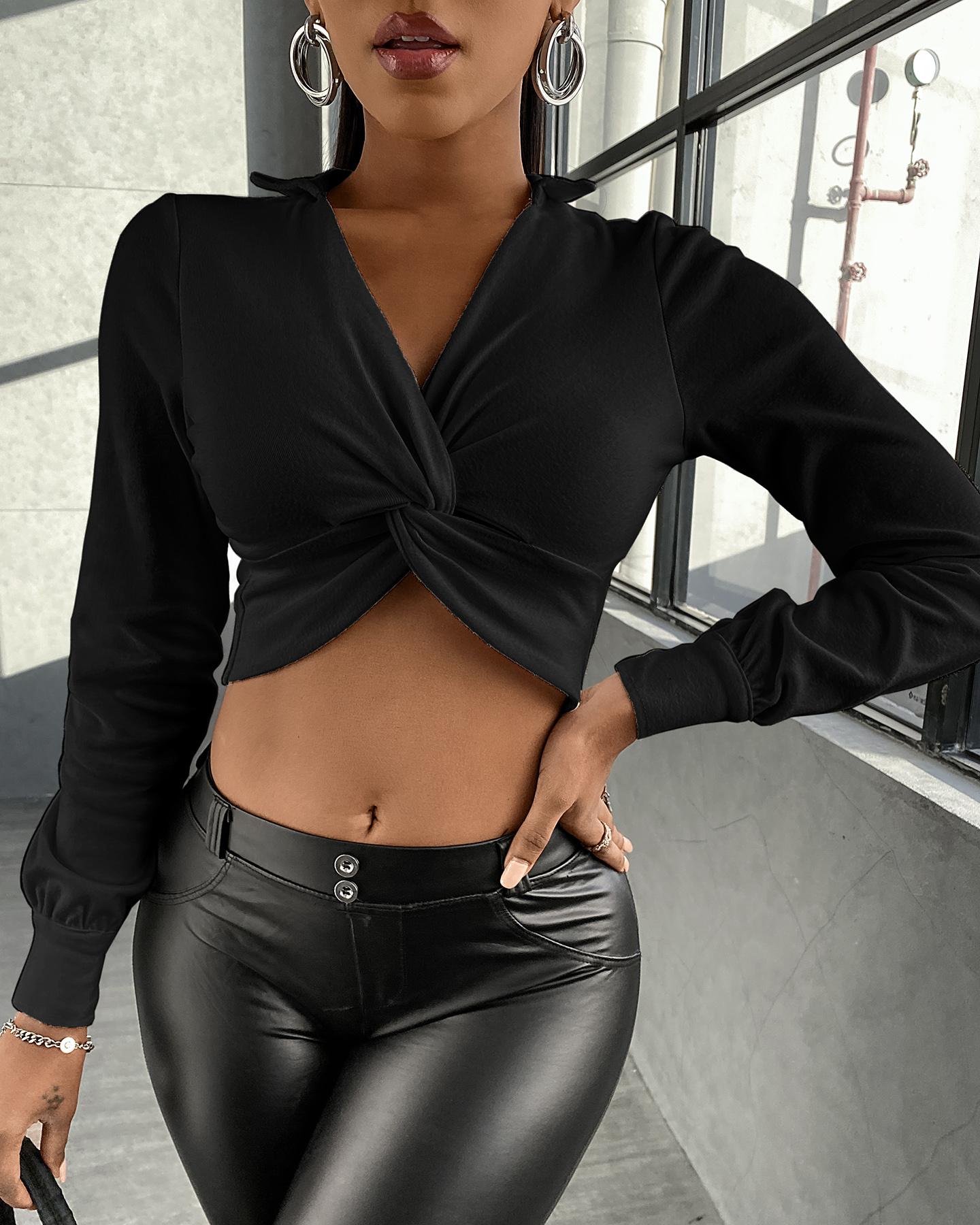 

Twisted Front Lantern Sleeve Crop Top, Black