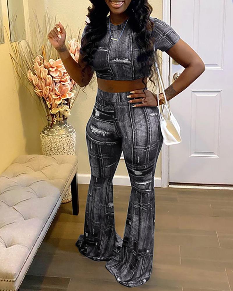 

Denim-Like Half Sleeve Top & Pants Set, Gray