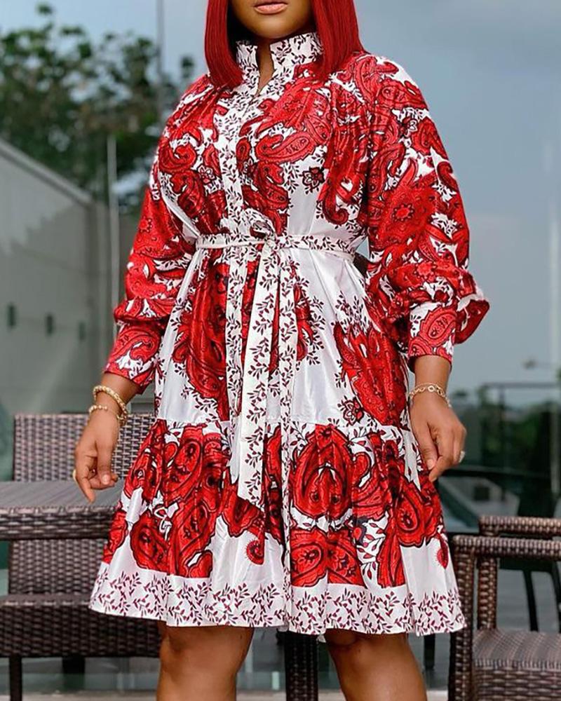 

Paisley Print Long Sleeve Casual Women Dress, Red