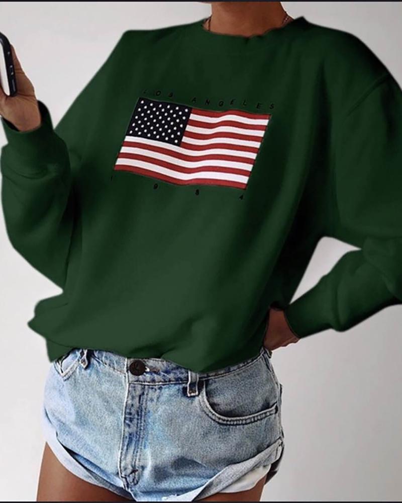 

Flag Print Long Sleeve Casual Top, Green