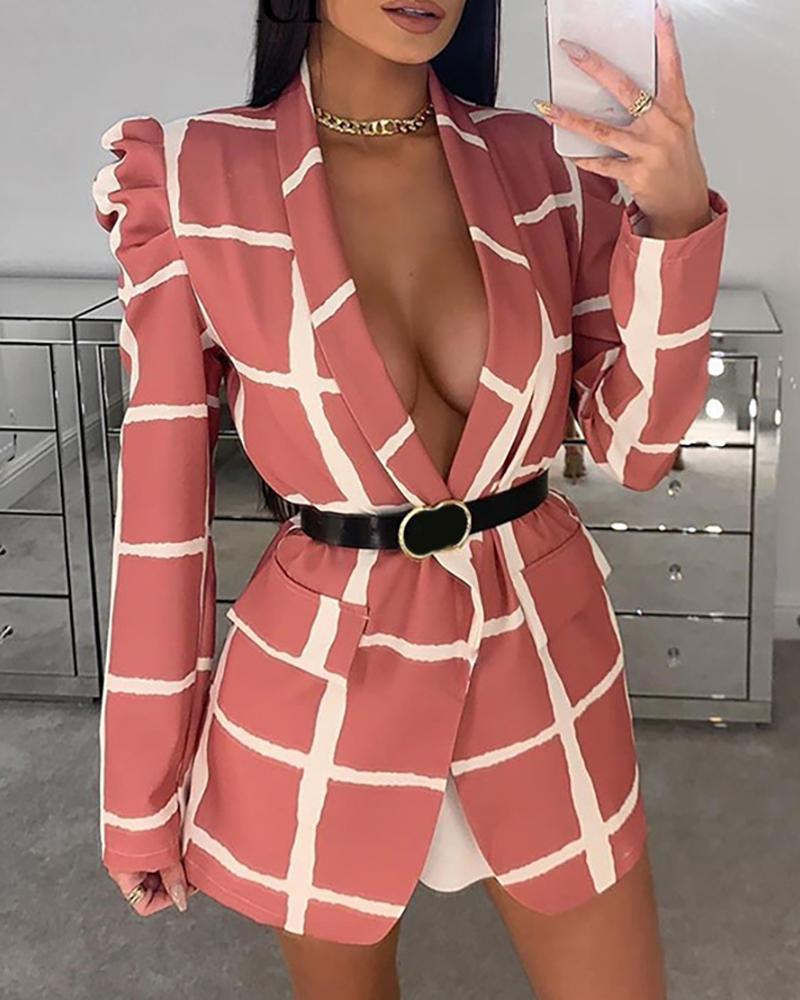 

Plaid Pattern Puffed Sleeve Pockets Design Blazer Coat, Pink