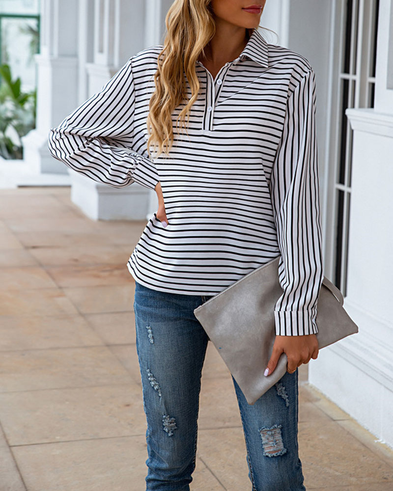 

Striped Long Sleeve Button Blouse, White