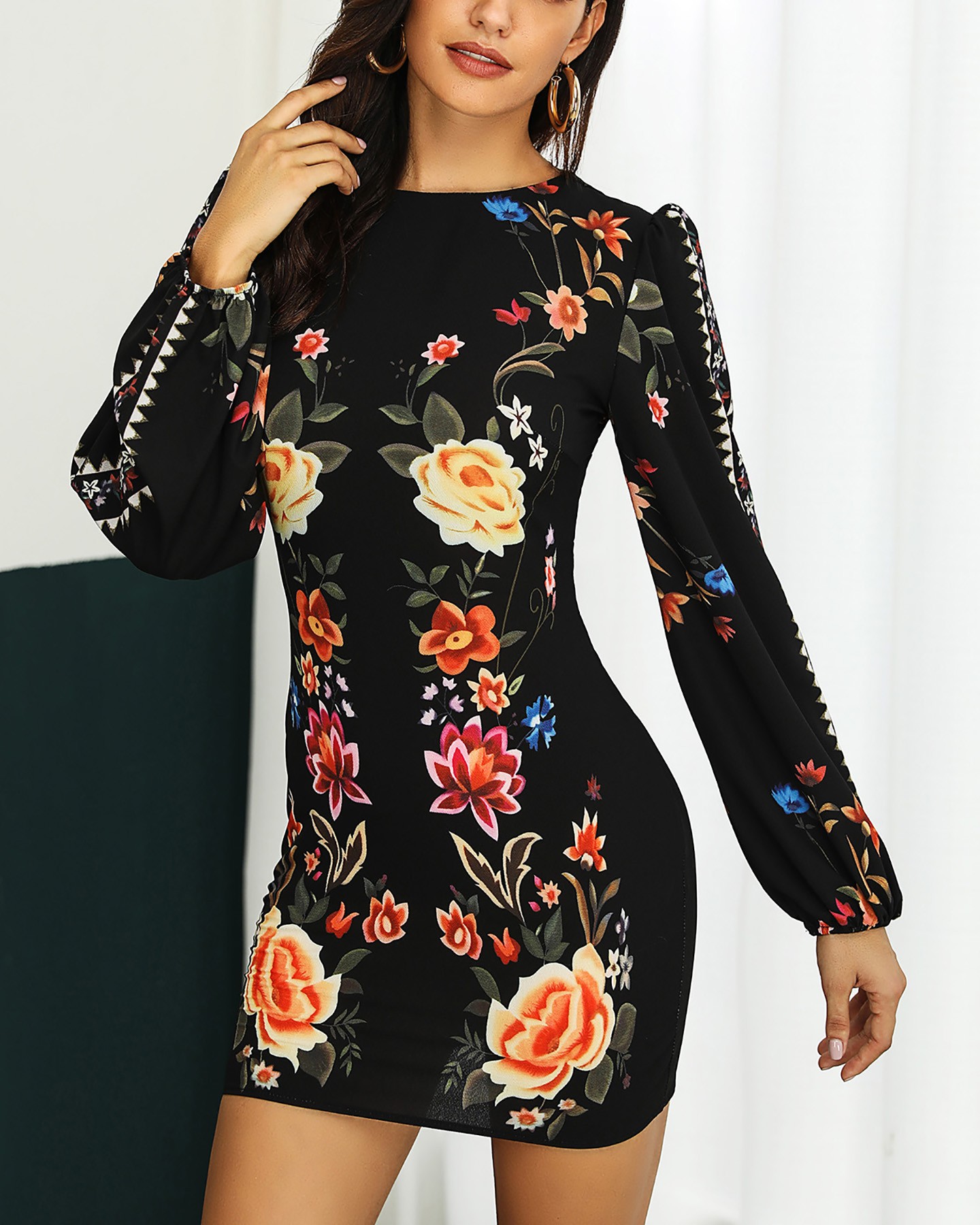 cutout back bishop sleeve floral bodycon dress