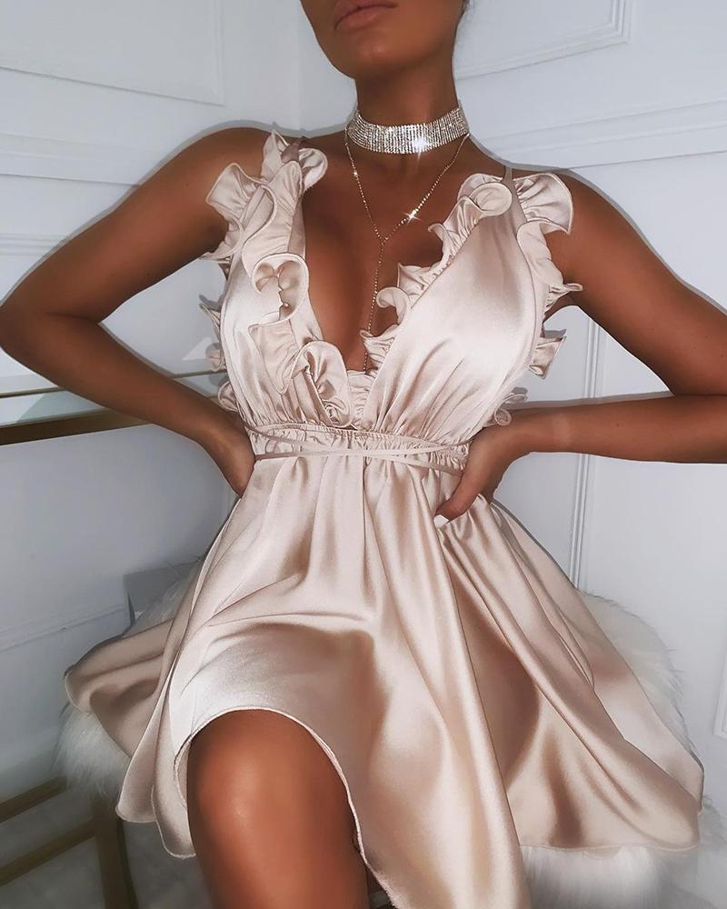 

Satin Frill Hem Spaghetti Strap Dress, Champagne